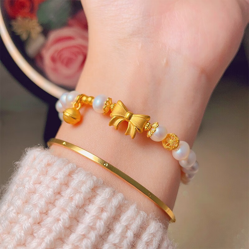 胤乃珠宝黄金在逃公主蝴蝶结手链女士足金转运珠铃铛珍珠手串 黄金