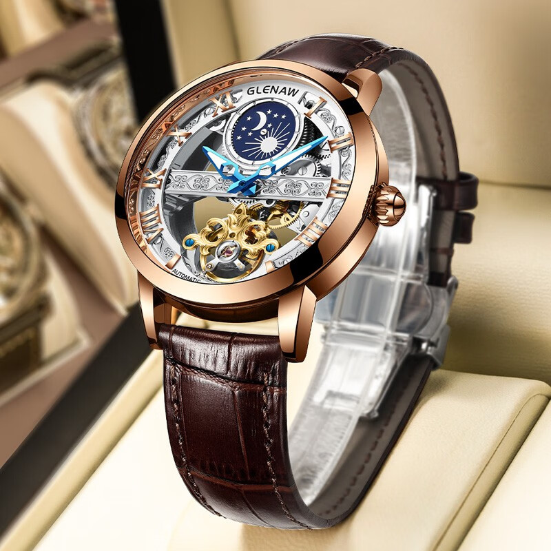 格伦2023新款个性男士全自动机械表夜光防水镂空透底简约蝴蝶扣腕表