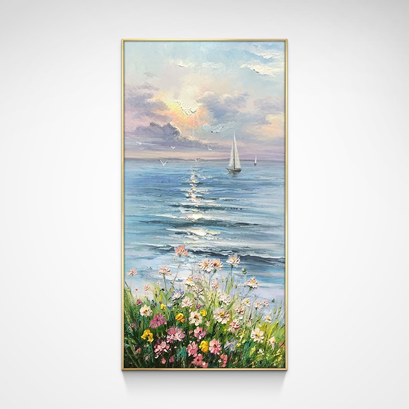 橙央轻奢高端手绘油画入户玄关装饰画客厅走廊挂画竖版大海风景壁画