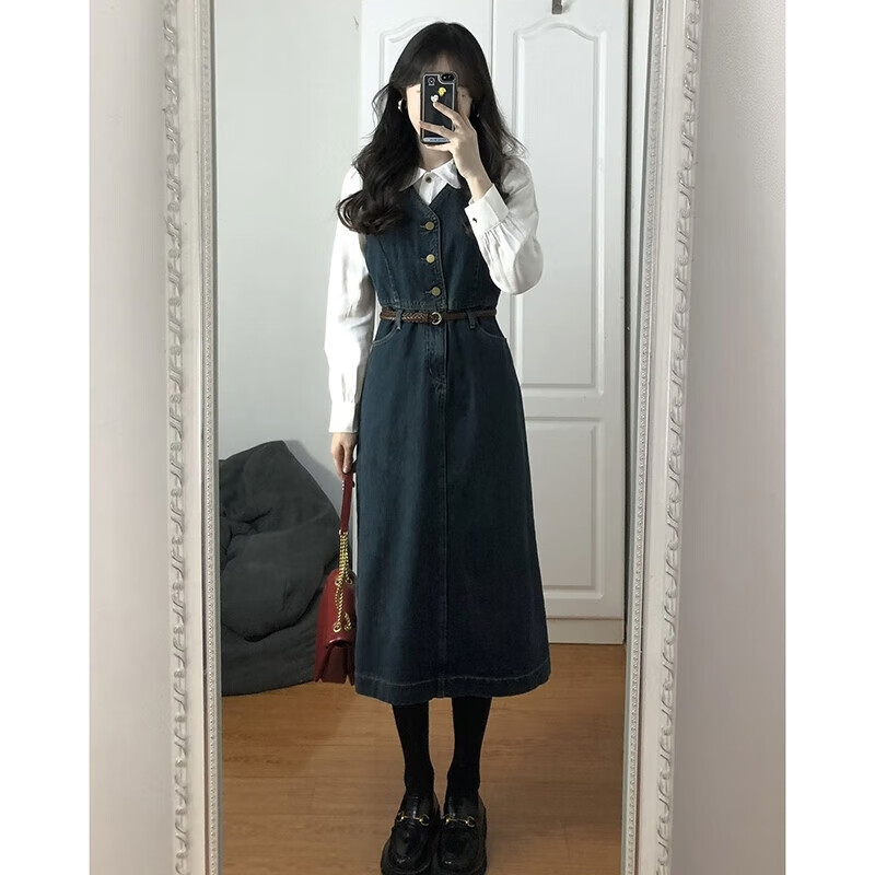 依俪乌高个子女装170-175连衣裙长裙港风裙两牛仔别致连衣裙 背带裙