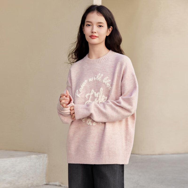 乐町圆领字母线套衫女20宽松针织毛衫慵懒感毛衣潮 婚礼玫瑰（现货） M