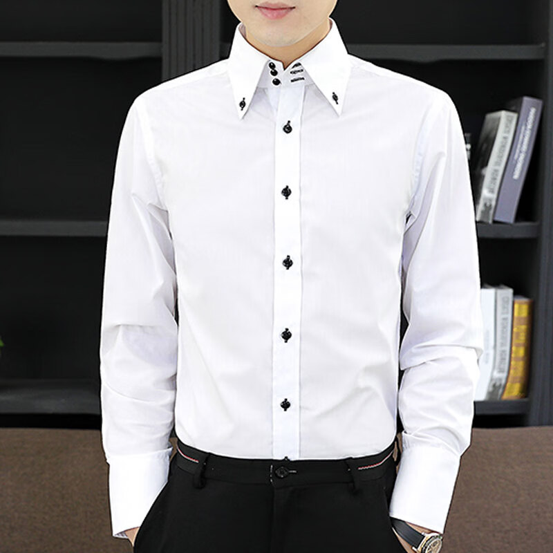 fanqi男士衬衫法式大领扣白衬衫男土长袖宽领男士大领子发型师春秋