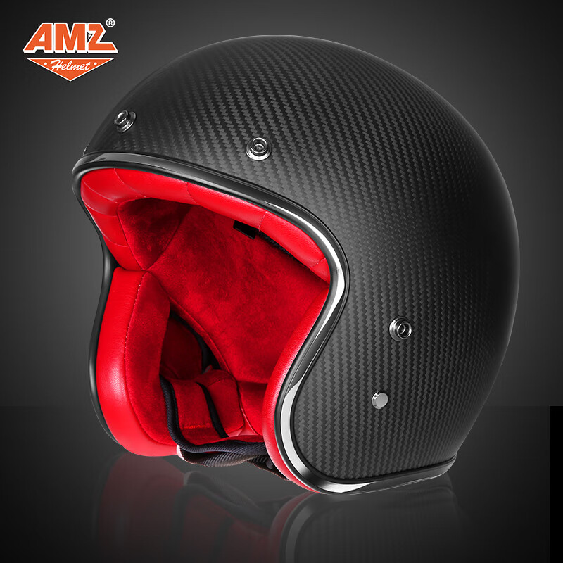 AMZ男四季摩托车碳纤维43经典复古头盔机车女半盔3C安全认证安全帽 哑黑色 2XL