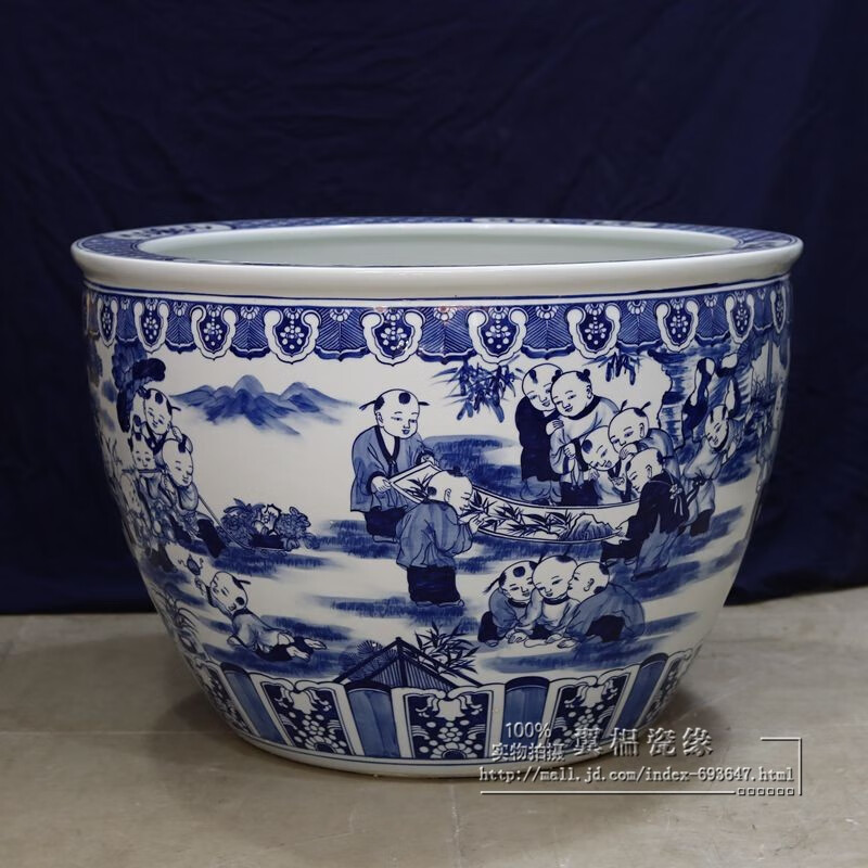 2米手绘青花山水童子鱼缸酒店别墅大堂装饰缸摆件 童子鱼缸直径90厘米