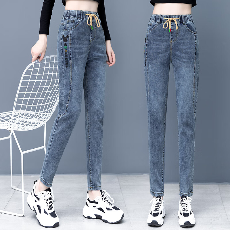 凯姿瑜春天穿的女士裤子秋季小腿裤松紧腰牛仔裤春秋新款宽松直筒休闲