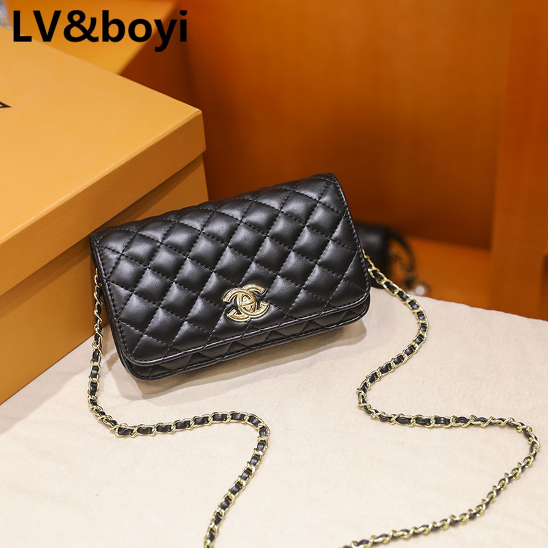 lvboyi包包小香风包包女菱格时尚单肩包斜挎包小方包菱格链条包 黑色
