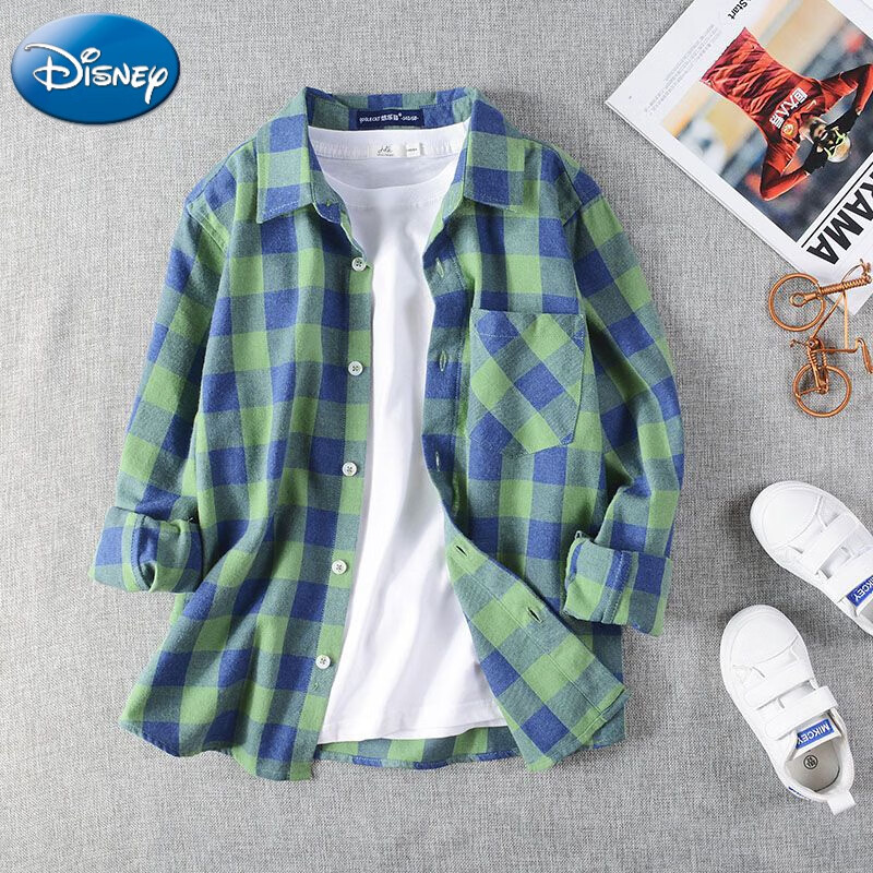 迪士尼（Disney）男孩春秋男童长袖衬衫棉质夏季薄款格子衬衣外套儿童洋气中大童潮 绿格 160 建议身高150-160cm