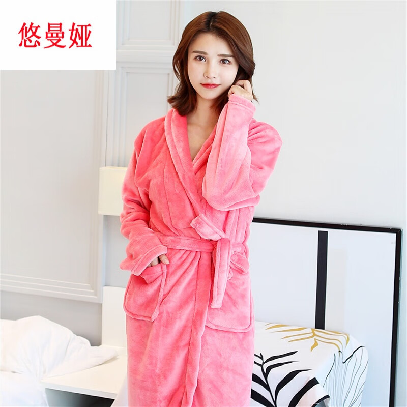 悠曼娅秋冬季加厚法兰绒浴袍睡衣男女士珊瑚绒睡袍子装浴衣情侣家居服 深灰女 L(适合95-135斤)