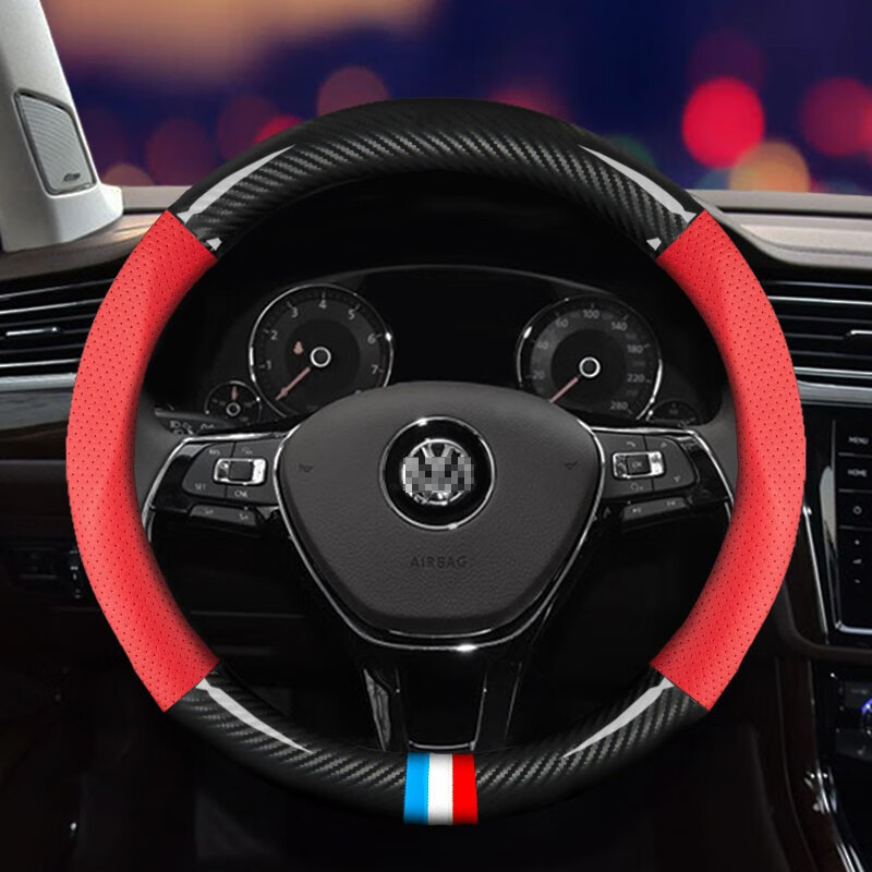 达珀德 方向盘套汽车真皮把套四季通用防滑专用碳纤牛皮免手缝 适用于 大众新朗逸速腾途观L帕萨特迈腾宝来桑塔纳捷达蔚领 圆型真皮碳纤【黑色款+运动标】