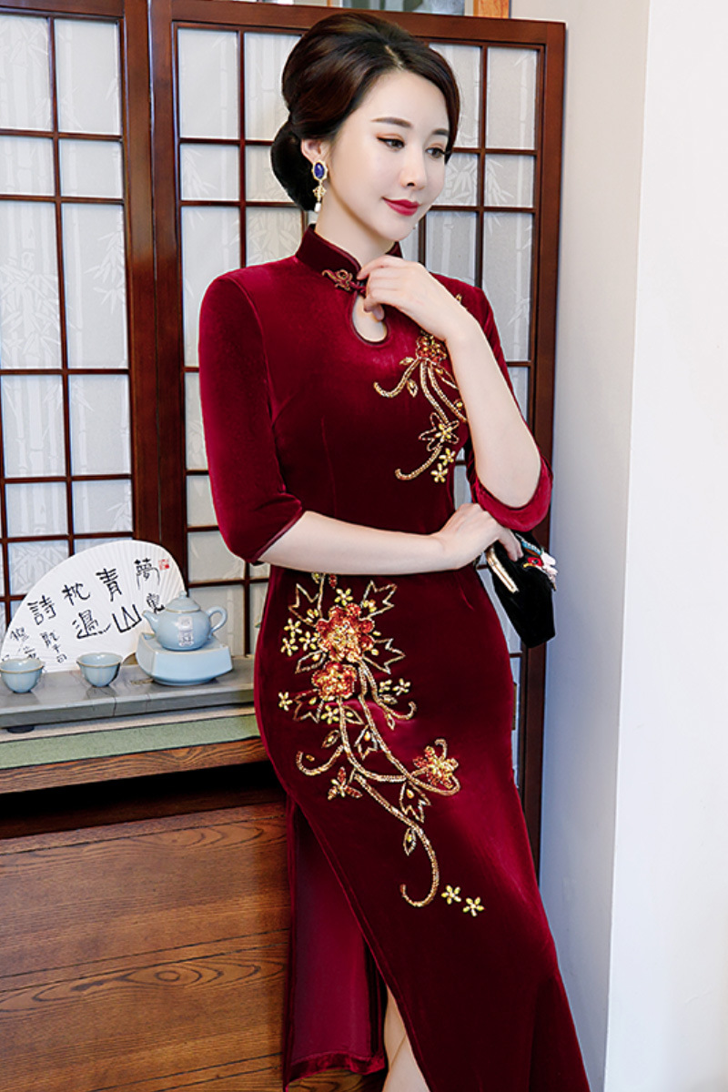 复古钉珠七分袖旗袍秋季新款长款金丝绒旗袍裙妈妈宴会高端中式礼服