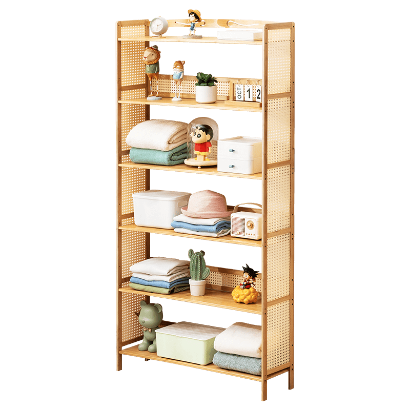 木马人家用落地置物架厨房卧室客厅层架储物货架子多层调料零食玩具杂物收纳架茶叶柜博古架打印机架 【纯竹层板】五层70长(加高护栏)