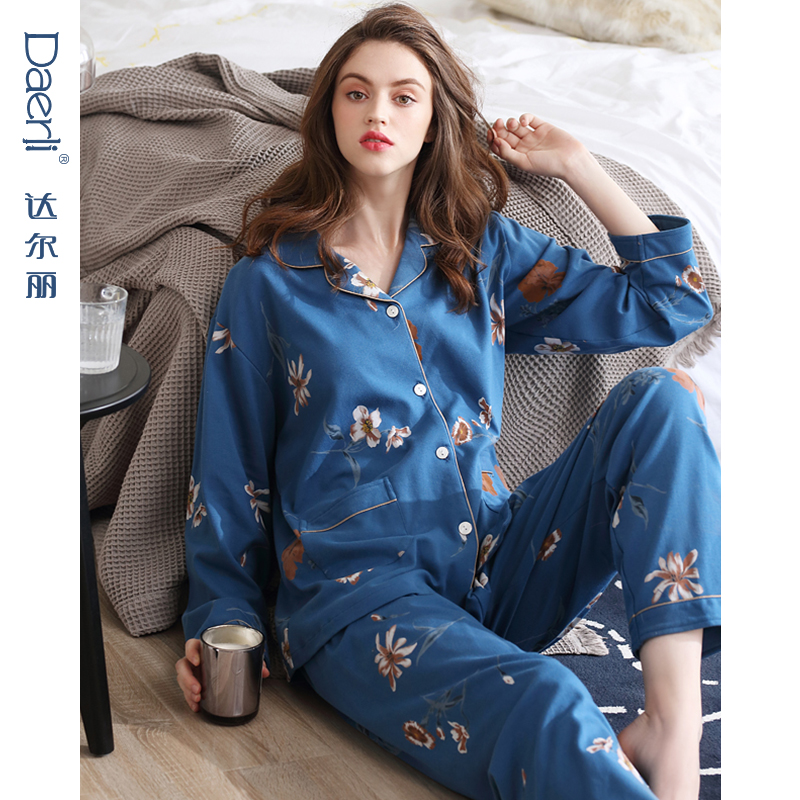 达尔丽睡衣女春秋季纯棉长袖薄款家居服套装本命年红国潮印花开衫可外穿 T895118-029-山茶花 2XL :建议体重130-150斤