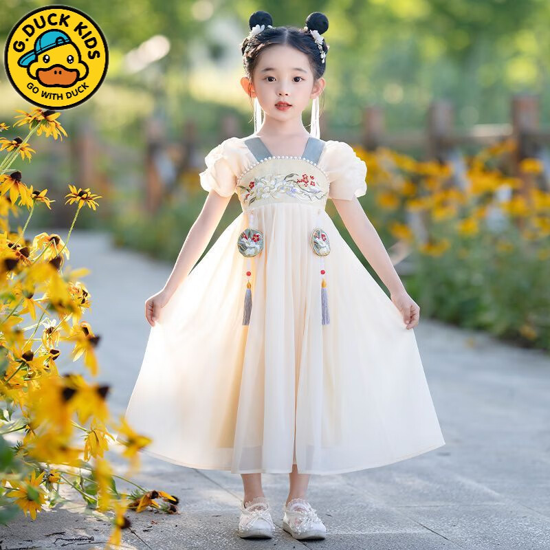 G.DUCKKIDS小黄鸭国潮汉服女童夏季薄款连衣裙2023超仙儿童装新款女孩夏款古 杏色唐装无香囊 120怎么看?