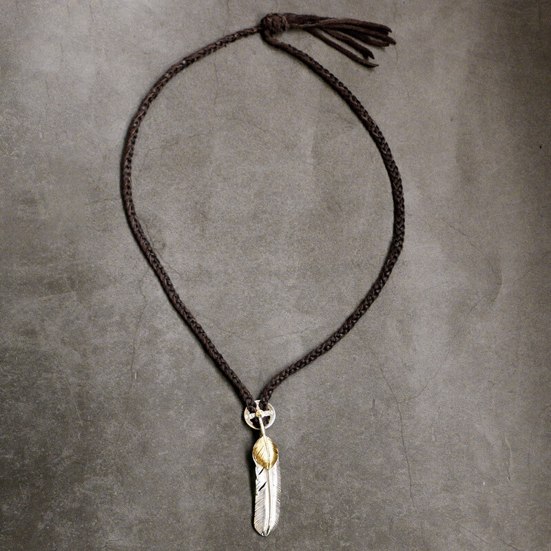 凡丘珠宝  手工编织鹿皮绳高桥吾郎  925 银上铜羽毛十字轮项链吊坠