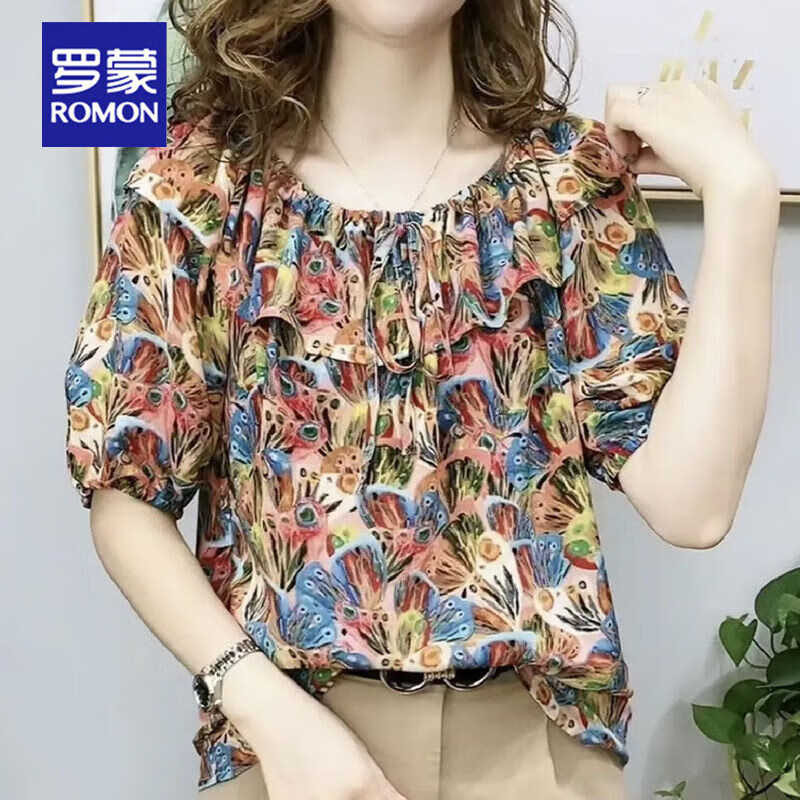 罗蒙（ROMON）轻奢雪纺衫2023夏季新款蝴蝶结洋气小衫女短袖装遮肉系带印花上衣 凤尾花 2XL 建议110-120斤怎么样,好用不?