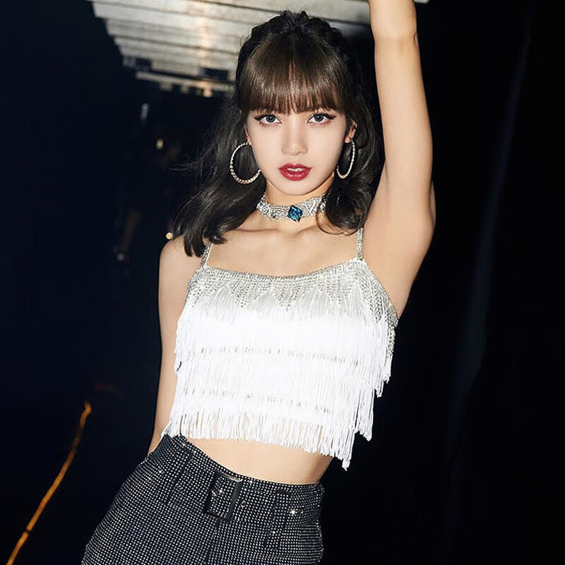 lisa同款韩国女团blackpink演出服女学生流苏爵士舞打歌服舞蹈服 白色