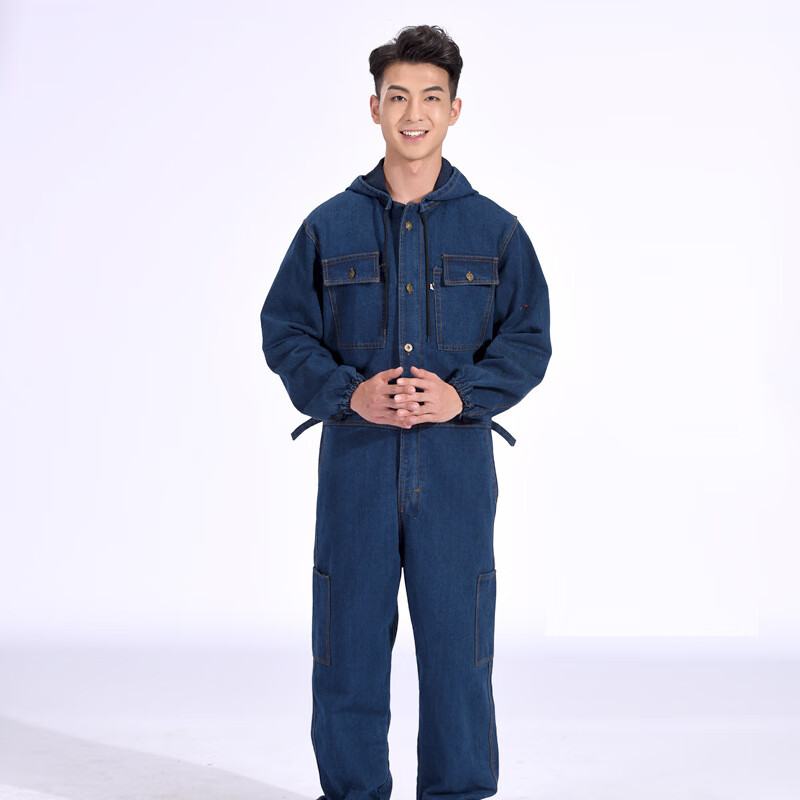 陆栈牛仔工作服男装耐磨电焊夏季连体套装男夏薄款汽修加厚喷漆防尘一