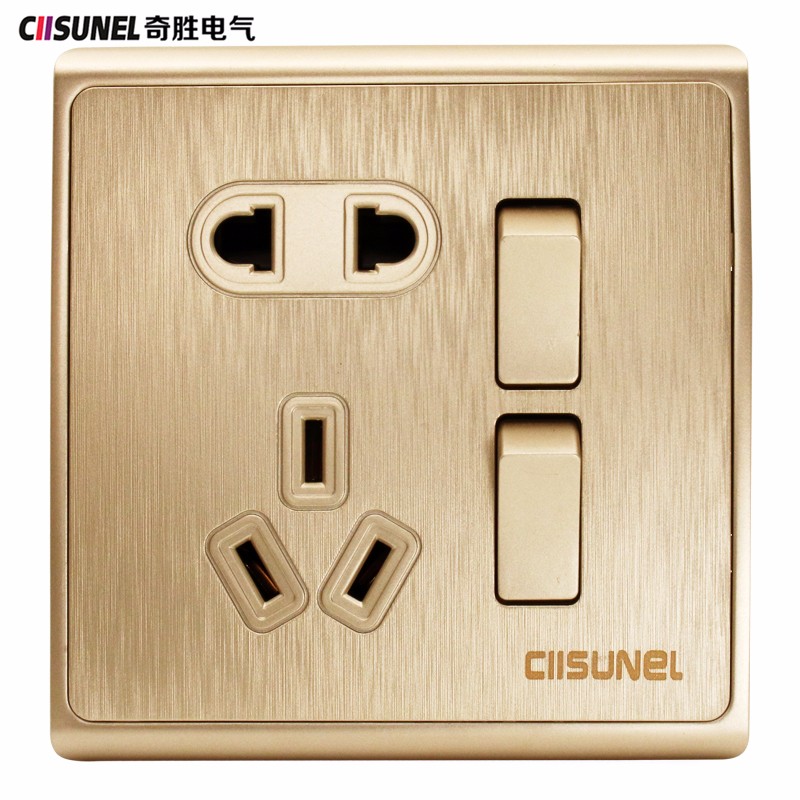 奇胜开关插座面板大板纯平香槟金拉丝86型二开双控五孔插座二位双联二