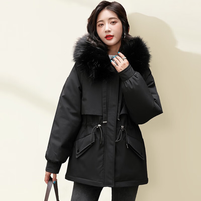 俞兆林女装 棉服女中款棉衣女士加绒派克服加厚连帽外套冬装棉袄女 YW18MF199 黑色 XL