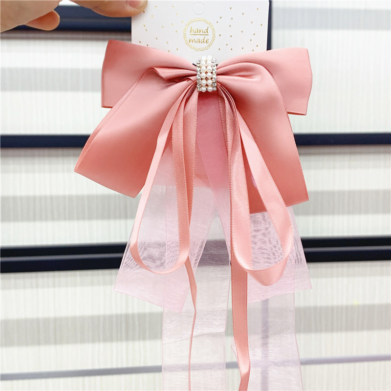 蝴蝶结头饰超仙长款网纱飘带后脑勺发夹子半扎发卡气质 粉色长流苏