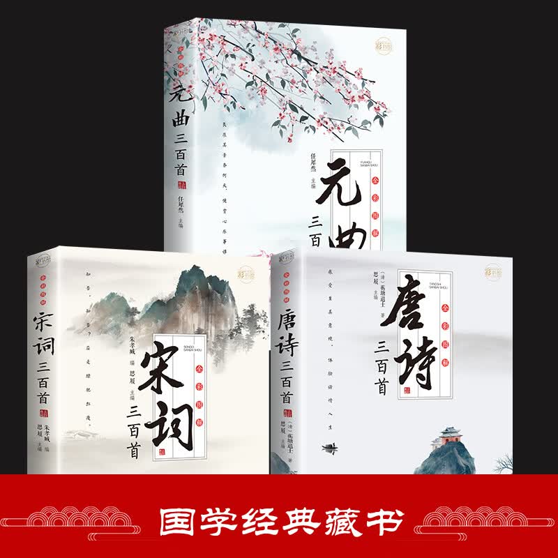 正版 全套3册唐诗三百首宋词元曲三百首大全集 中国古诗词鉴赏赏析诗词古代词赋歌全集300首古典文化全彩图