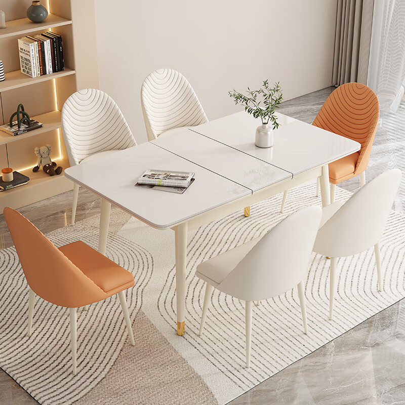 御尊匠心时尚款奶油风伸缩岩板餐桌椅组合高级现代简约小户型实木餐厅桌椅 单桌 1.1米-1.4米