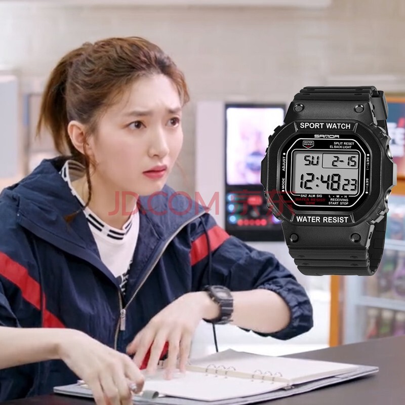 sanda江疏影同款手表女士运动电子表卡修小方表女士小方块学生夜光