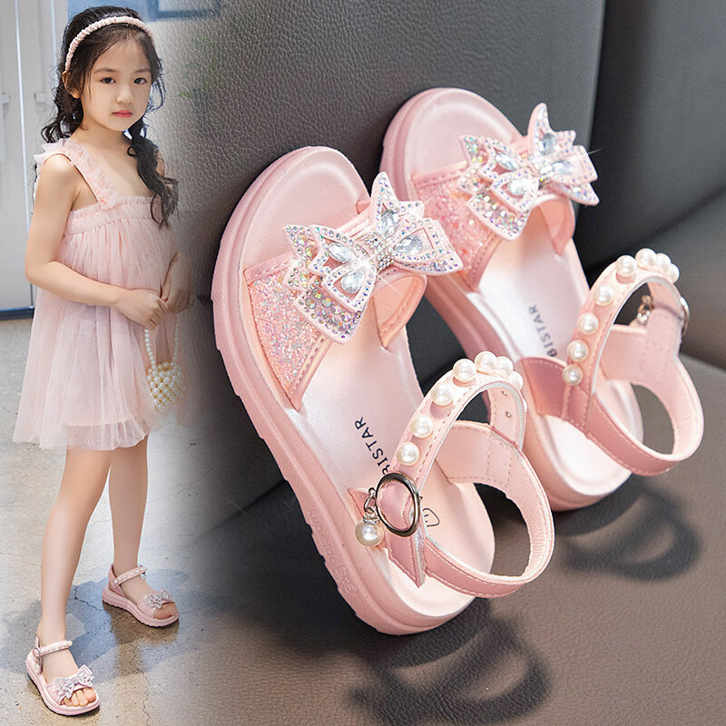 duckkids9岁女孩凉鞋软底洋气公主3水晶5蝴蝶结8平底6女童沙滩鞋7网红