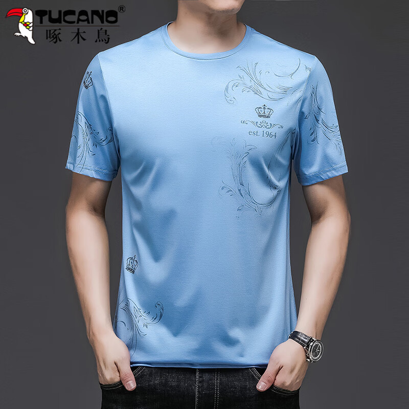 短袖t恤圆领纯棉青年宽松休闲半袖体恤衫男装上衣男 932浅兰-品牌旗舰