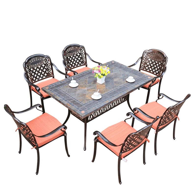 嘉勒美铸铝桌椅户外阳台室外休闲铁艺庭长台桌椅别墅 斜格椅+150*90CM仿板岩长台(送垫)