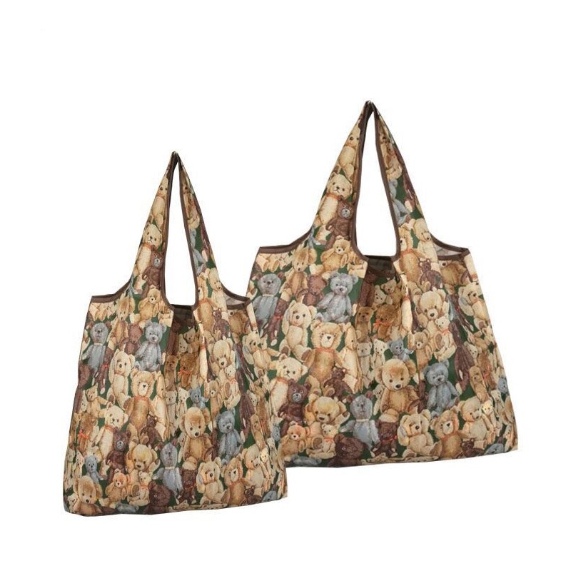 【2个装】折叠便携妈咪买菜袋尼龙超市购物袋可承重力强收纳环保袋旅行袋 泰迪熊一大一中