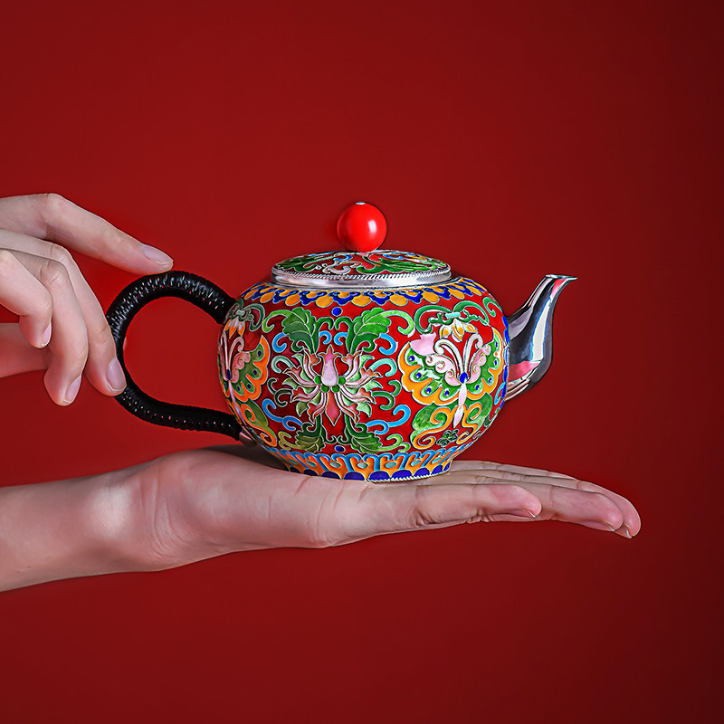 杉宝居 999大气银胎掐丝景泰蓝珐琅彩家用时尚银茶具乔迁银壶泡茶壶