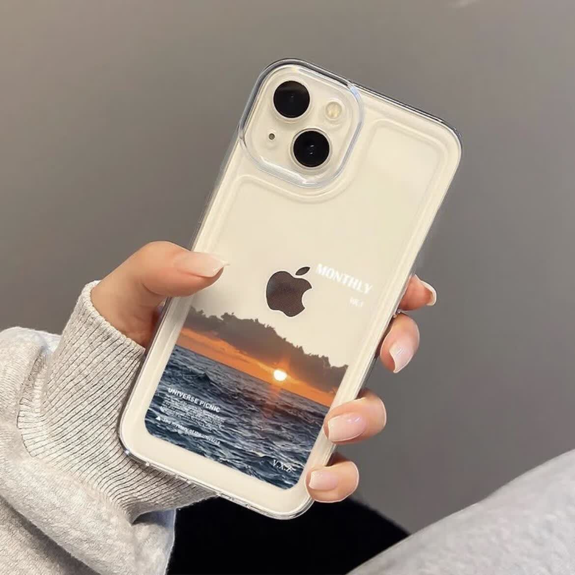 手机壳情侣款iphone14华为mate60荣耀op 竖屏海上日出-透明太空壳