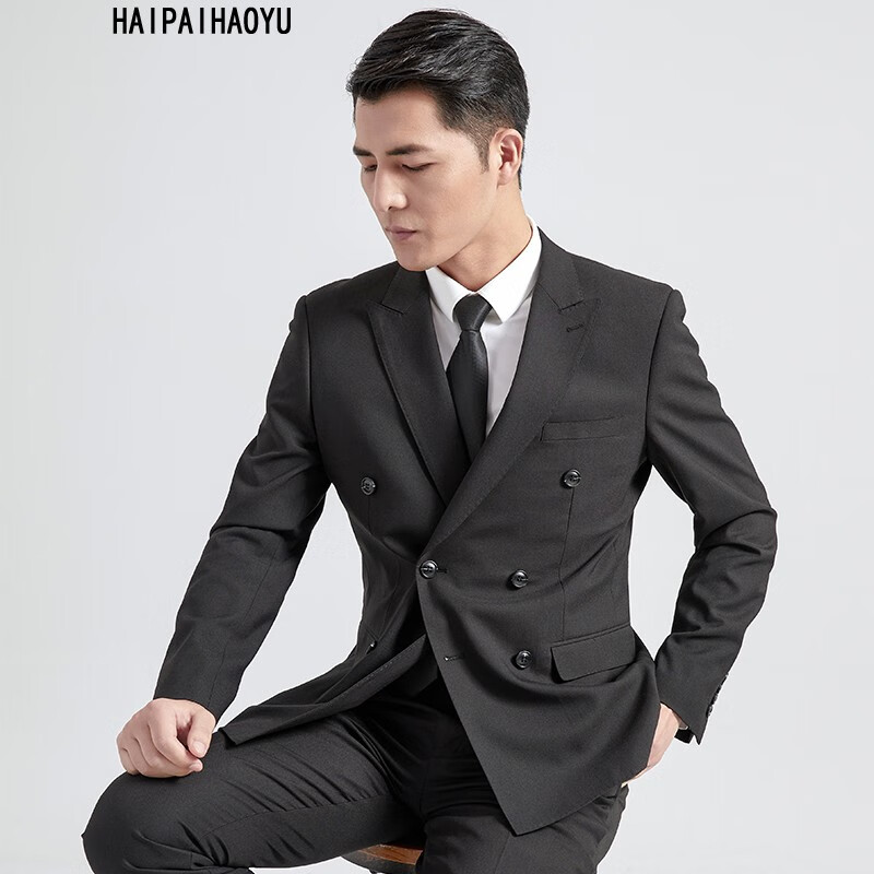 haipaihaoyu西服套装男双排扣商务正装戗驳领修身西装职业装宴会礼服
