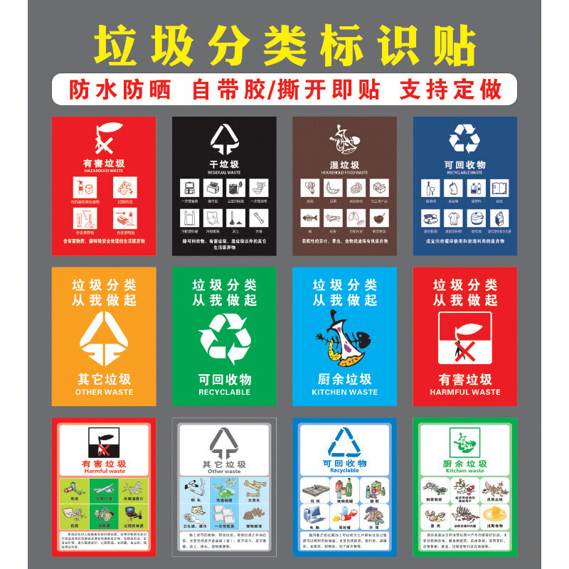 垃圾分类标识贴纸垃圾桶可回收不可回收提示牌标签厨余垃圾标示贴