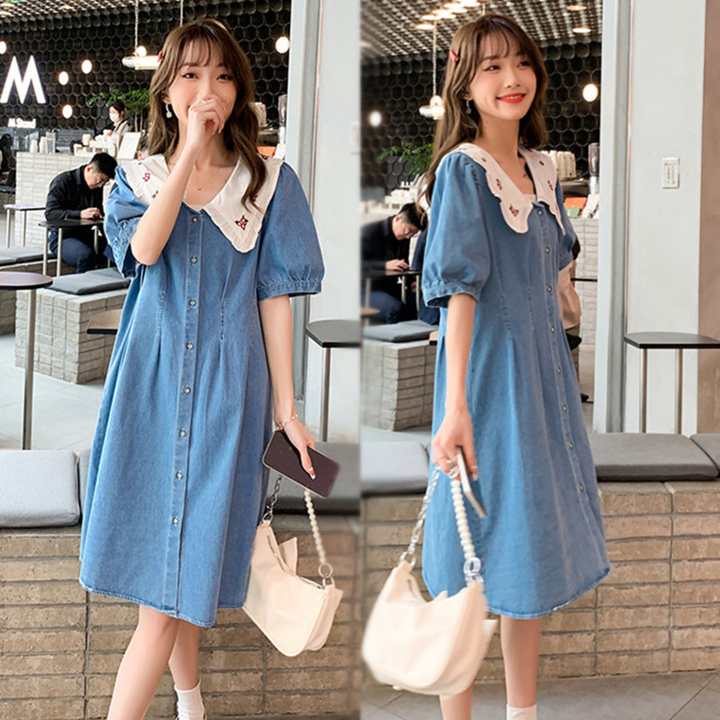 夏天微胖学生腿粗夏季短袖牛仔连衣裙女中长款宽松大码胖mm娃 蓝色 m