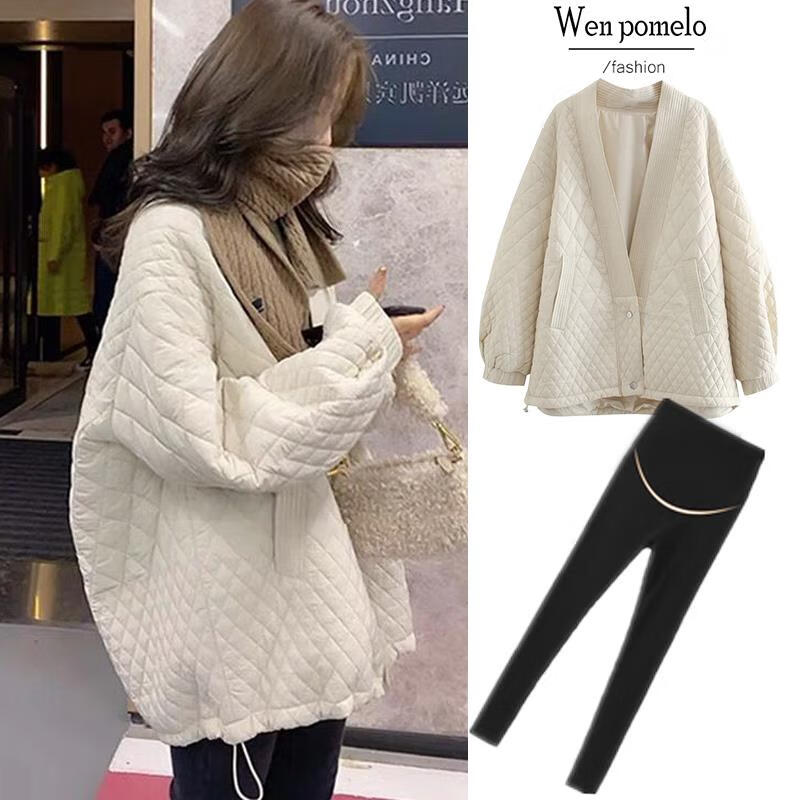 朗茵孕妇装外套秋冬外穿上衣春秋加厚开衫卫衣女中长款宽松时尚套装 米色棉服 L