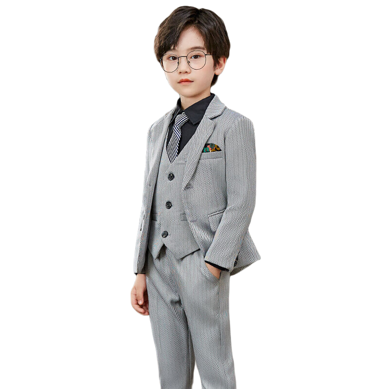 蘿卜唄唄兒童西裝套裝男童禮服西裝鋼琴主持演出服花童禮服鋼琴表演服西服 灰色外套+襯衫+馬甲+褲子+領(lǐng)帶 160 建議體重68-77斤