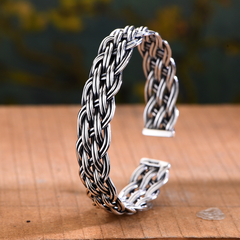 乐凤祥 仿古式手工编织银手镯马鞭银镯 999足银手镯编织复古蛇骨男女