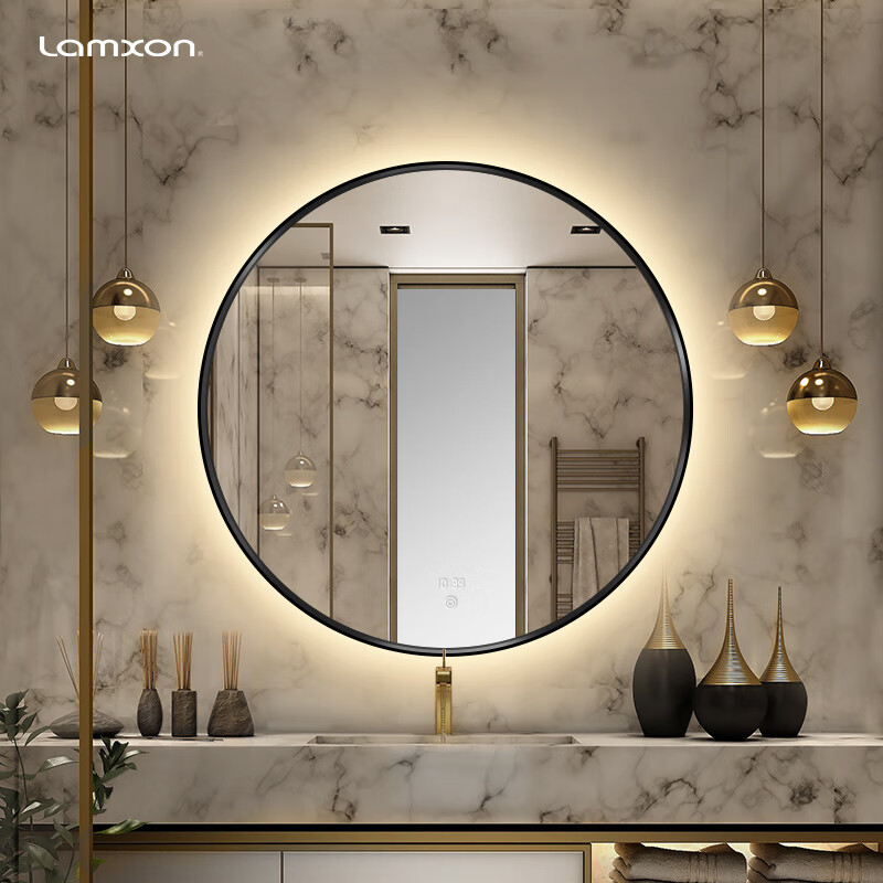 莱姆森（Lamxon）圆形带框卫生间智能镜子壁挂贴墙式浴室化妆镜带灯led厕所镜子 直径700 三色光+触摸开关+黑框