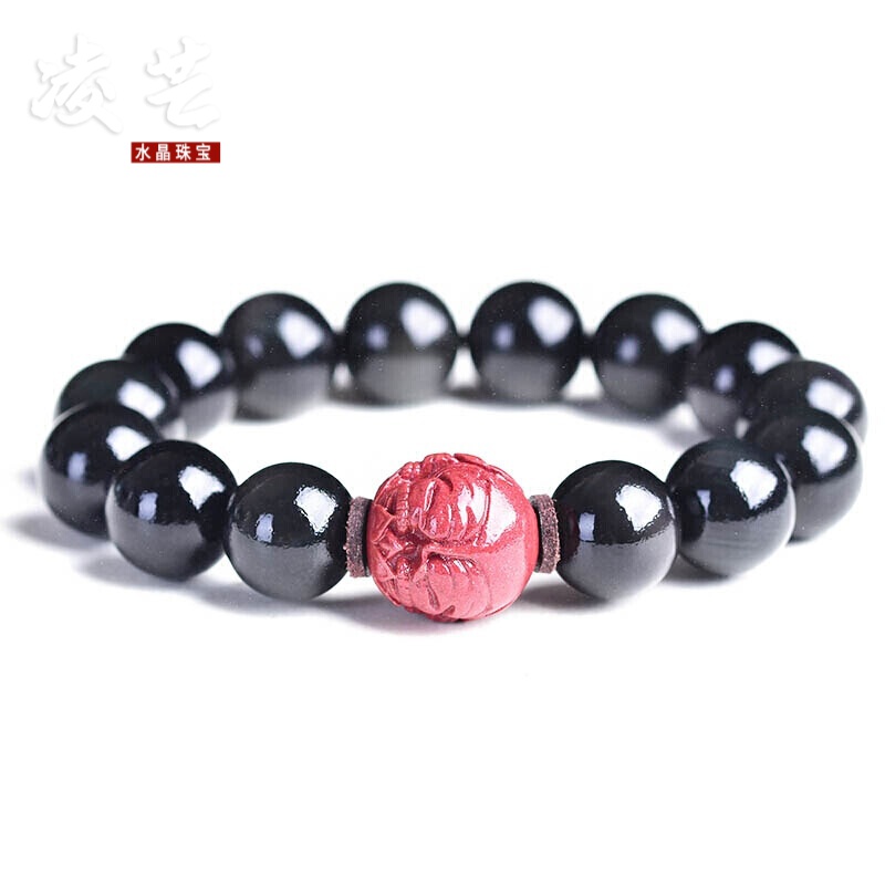 凌芒 朱砂大象高含量紫金砂吉象如意黑曜石手链男款实用搭配黑曜石