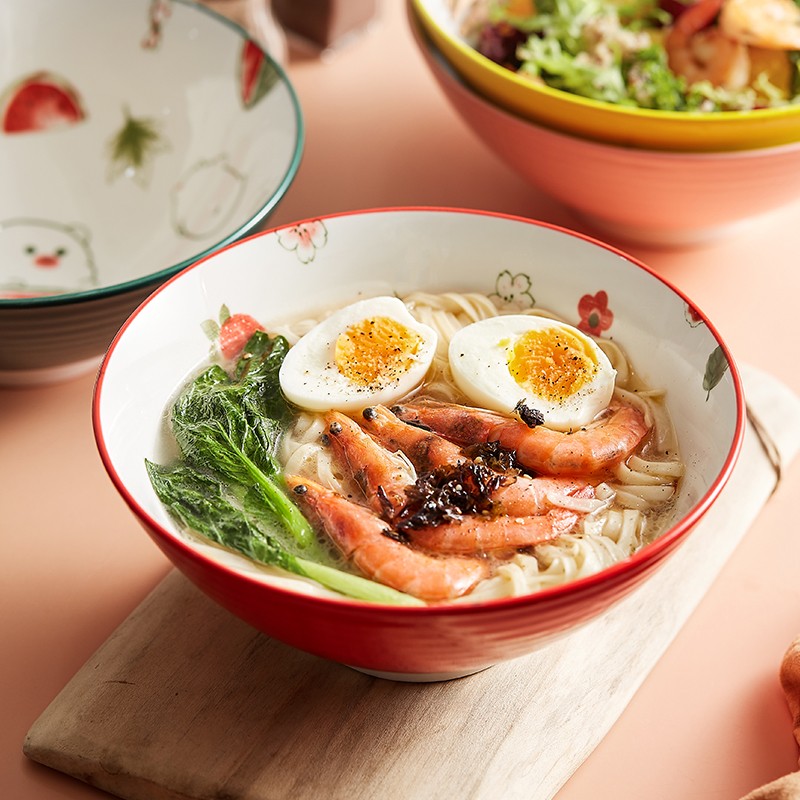 博为 面碗家用大碗日式拉面碗可爱卡通面条碗陶瓷斗笠碗 4个装【8英寸