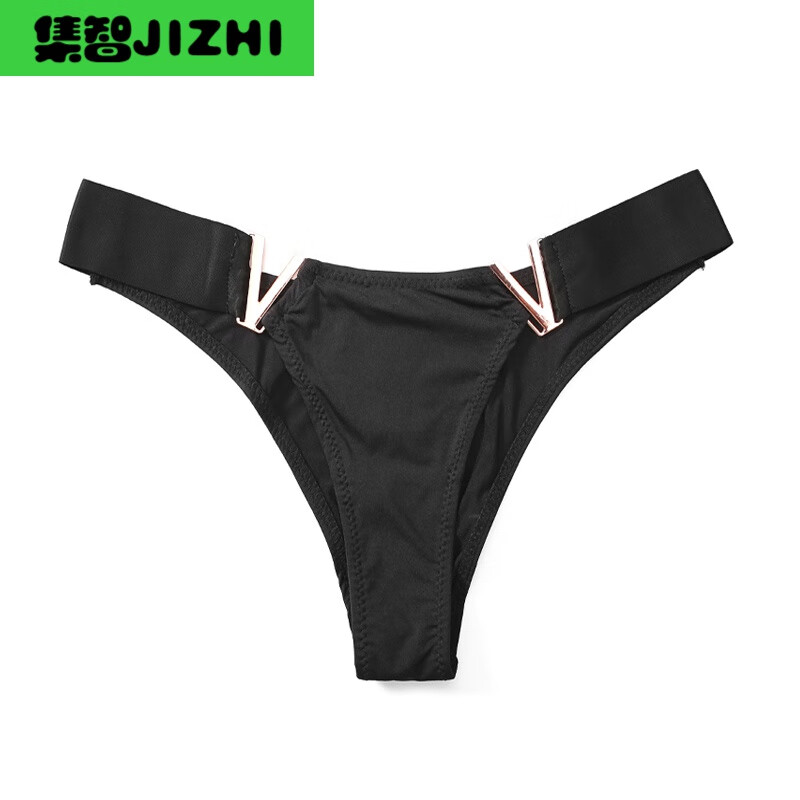 cinoon 欧美性感v字金属饰内裤运动提臀低腰高叉半包臀三角裤女 黑色