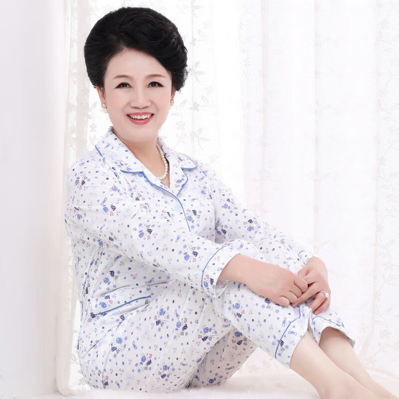 【女士长袖睡衣春秋季】中年妈妈睡衣女士开衫翻领长袖中老年婆婆家居