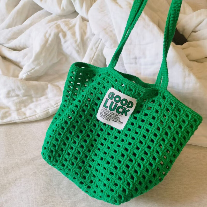 酷奇袋鼠通用手工diy钩针购物袋单肩镂空华夫格牛奶棉毛线女包托特包