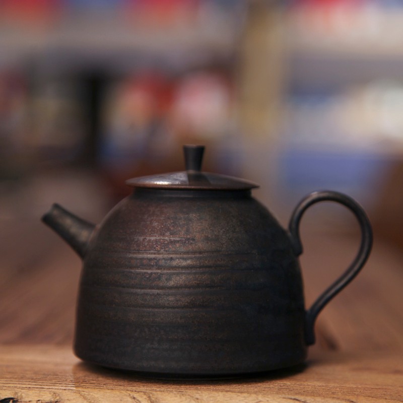 粗陶鎏金黑手工茶壶日式茶道黑釉泡陶艺孤品 鎏金黑手工破晓茶壶
