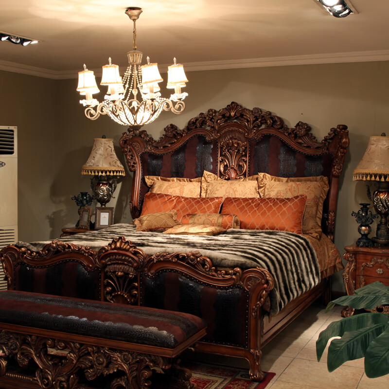 首杰家具法式宫廷全实木雕花大床欧式真皮床1.8米2.