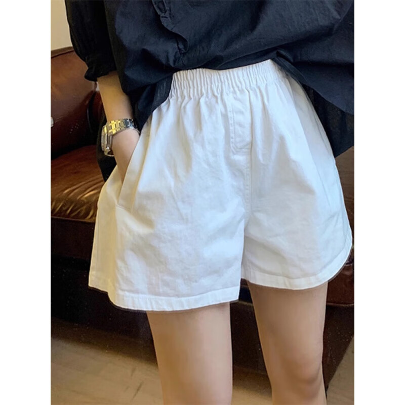 逸阳(ese-y)小个子白色短裤女夏宽松显瘦松紧高腰运动4分休闲a字五分