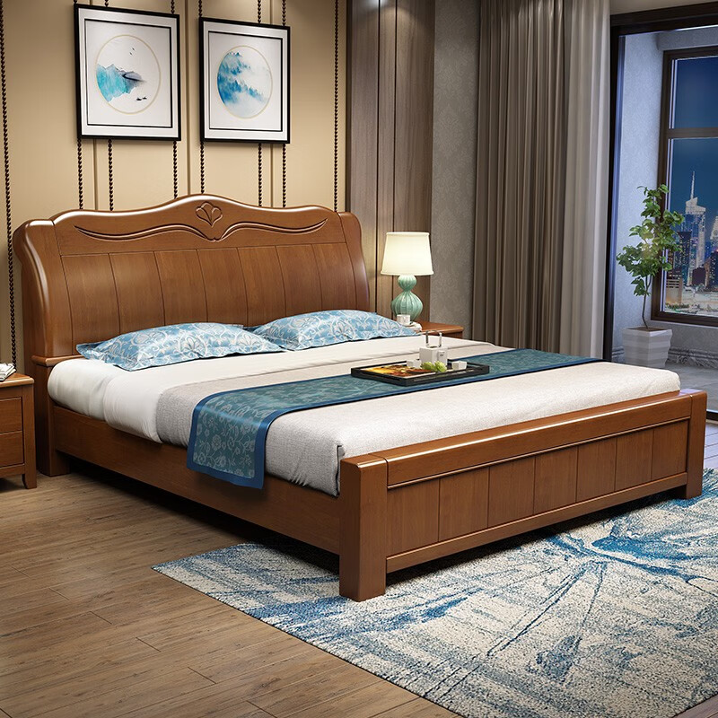 众舰行实木床双人中式床婚床卧室精品家具 床+2床头柜+8cm折叠式棕垫 高箱款1.8*2m