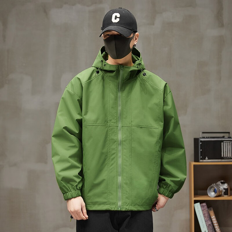 连帽外套夹克男宽松男款工装户外登山衣服高街美式上衣机能 果绿色 s